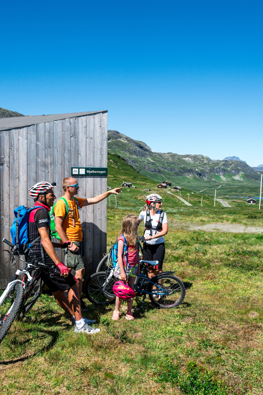 Familietur på sykkel på Mjølkevegen langs Tyinvannet