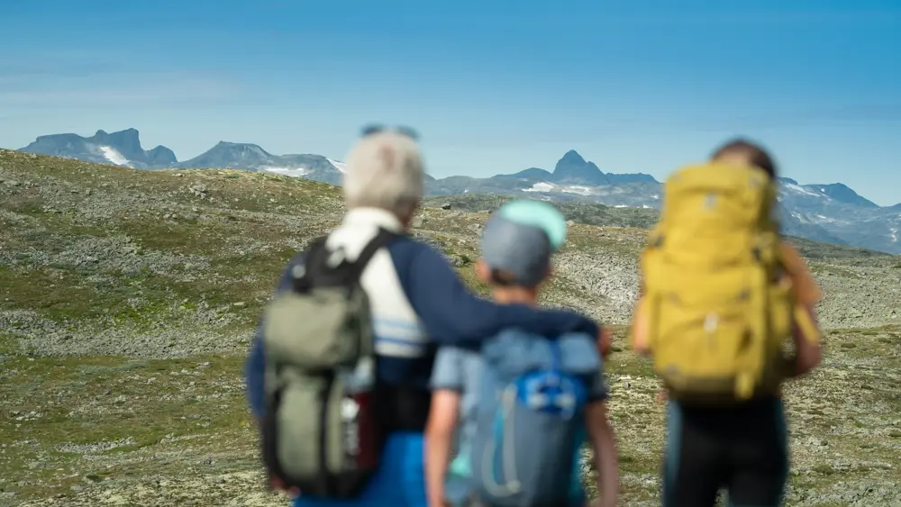 Familietur på Filefjellseggen mellom Skørsnøse og Støgonøse, med utsikt mot Jotunheimens tinder